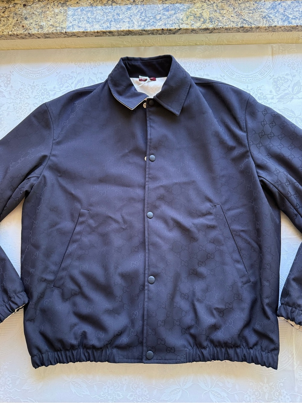 Gucci Reversible Navy Blue Jacquard Jacket Subtle Monogram Men’s Size 50X US-XL